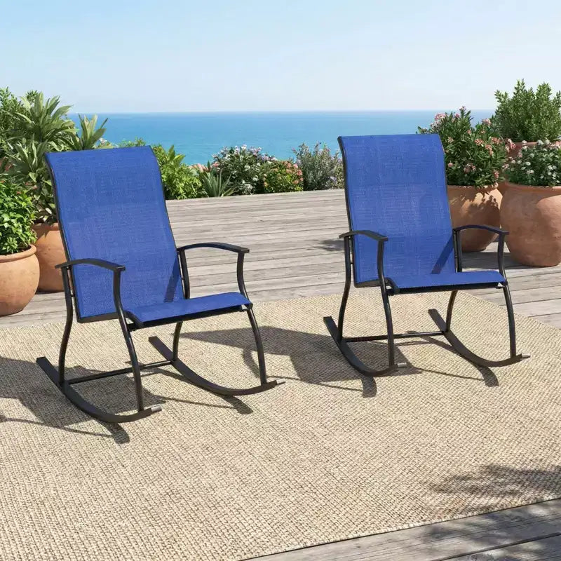 Chaises à bascule d'extérieur Gymax (lot de 2/4) avec dossier ventilé et mouvement de bascule fluide et sûr Bleu marine + Noir/Marron + Noir/Noir