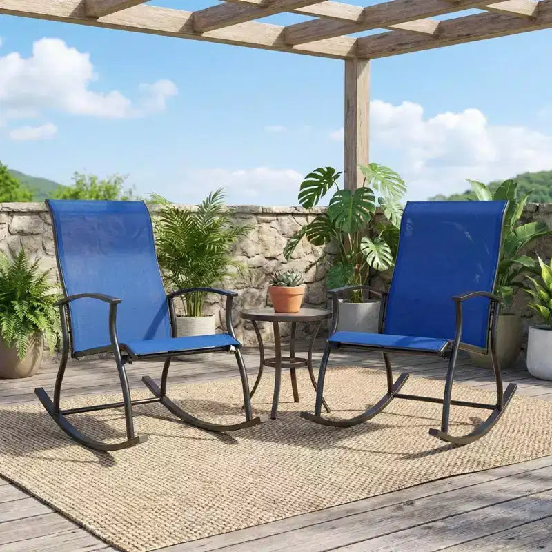 Chaises à bascule d'extérieur Gymax (lot de 2/4) avec dossier ventilé et mouvement de bascule fluide et sûr Bleu marine + Noir/Marron + Noir/Noir