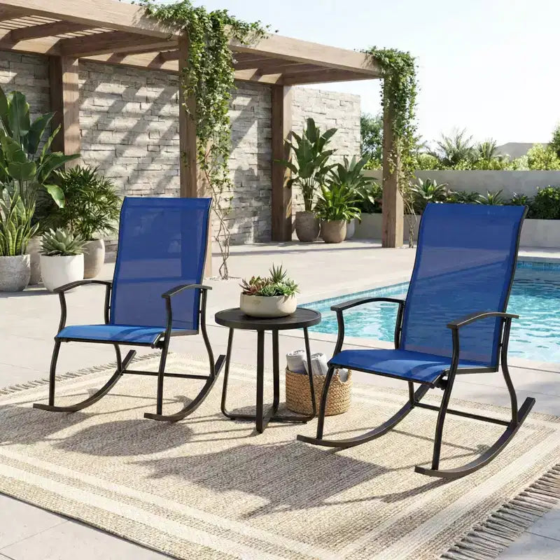 Chaises à bascule d'extérieur Gymax (lot de 2/4) avec dossier ventilé et mouvement de bascule fluide et sûr Bleu marine + Noir/Marron + Noir/Noir