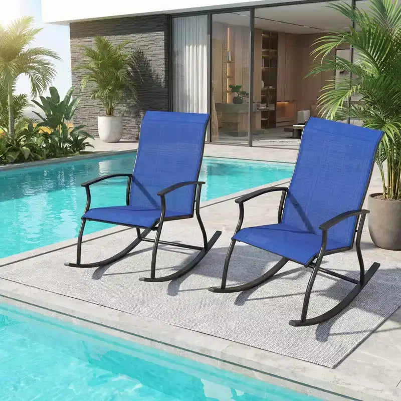 Chaises à bascule d'extérieur Gymax (lot de 2/4) avec dossier ventilé et mouvement de bascule fluide et sûr Bleu marine + Noir/Marron + Noir/Noir