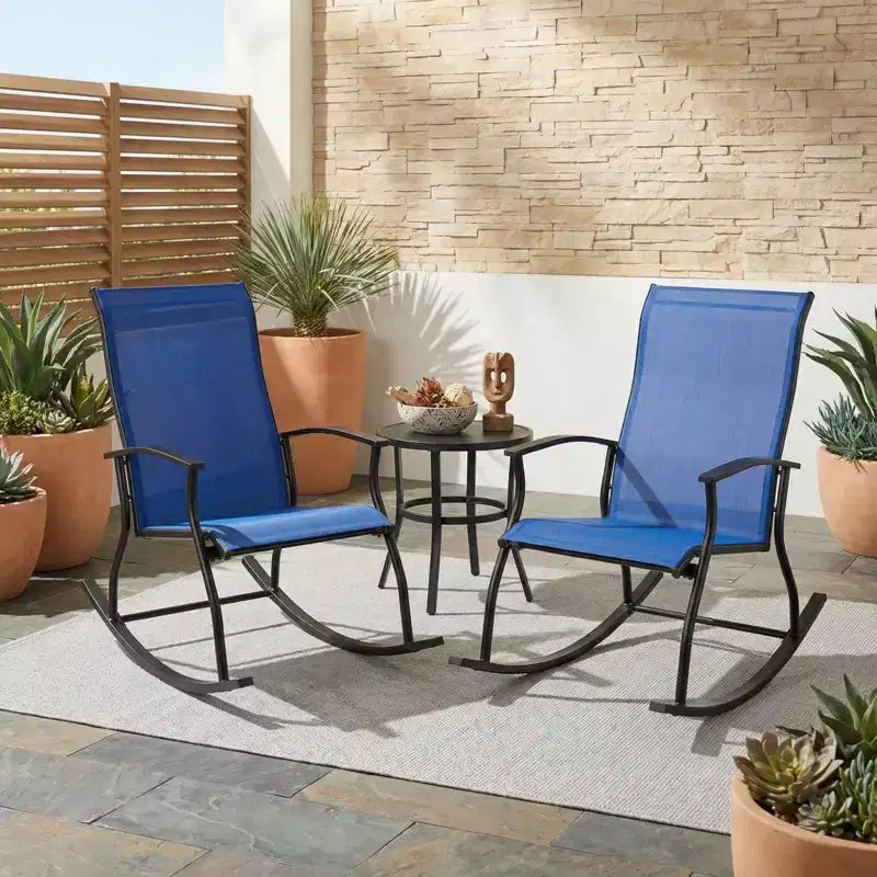 Chaises à bascule d'extérieur Gymax (lot de 2/4) avec dossier ventilé et mouvement de bascule fluide et sûr Bleu marine + Noir/Marron + Noir/Noir