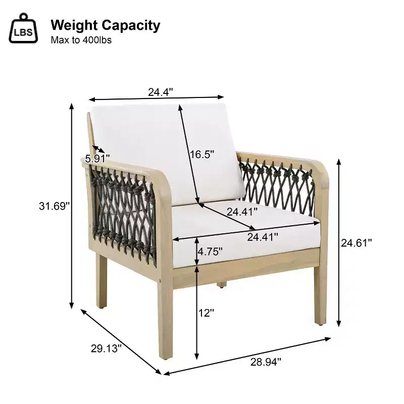 ModernLuxe Fauteuil d'extérieur en corde pour patio, fauteuil de salle à manger, fauteuil lounge individuel avec coussin moelleux et cadre résistant aux intempéries
