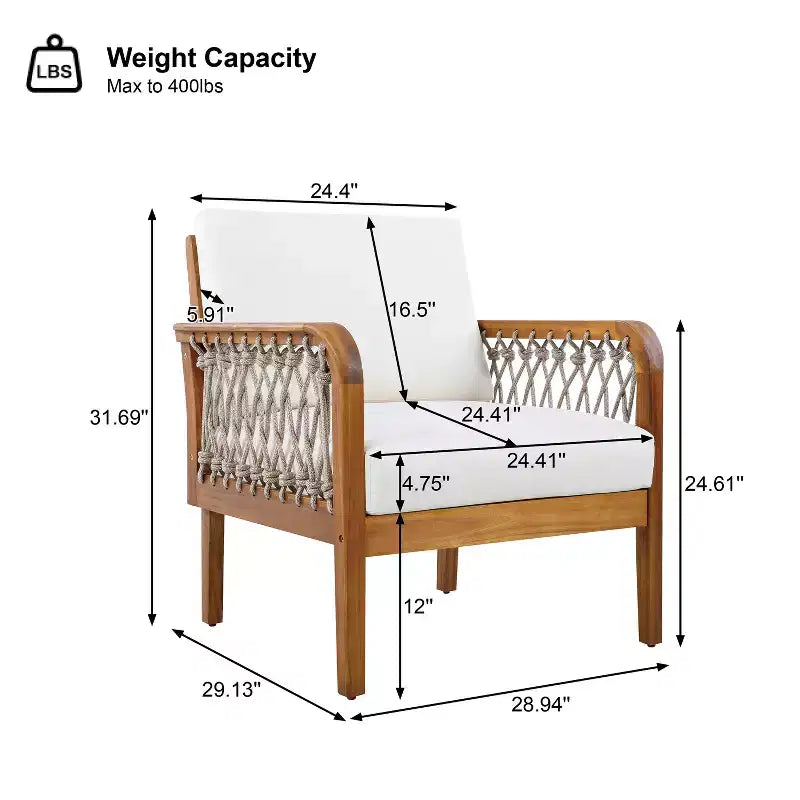 ModernLuxe Fauteuil d'extérieur en corde pour patio, fauteuil de salle à manger, fauteuil lounge individuel avec coussin moelleux et cadre résistant aux intempéries