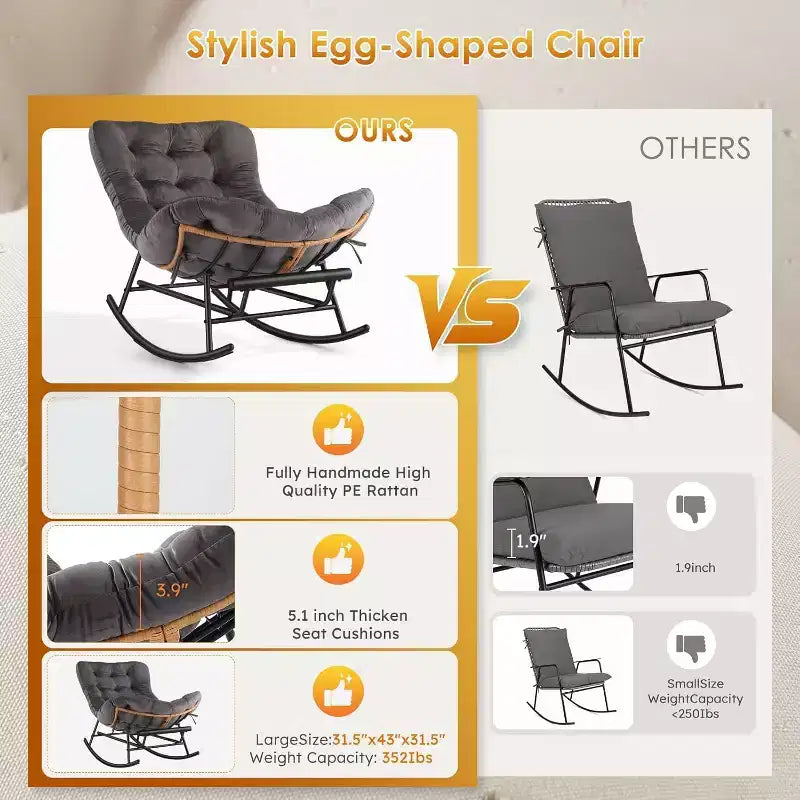 Canapé-fauteuil à bascule Papasan GustoWave confortable avec repose-pieds extensible pour porche, pelouse, chambre et salon