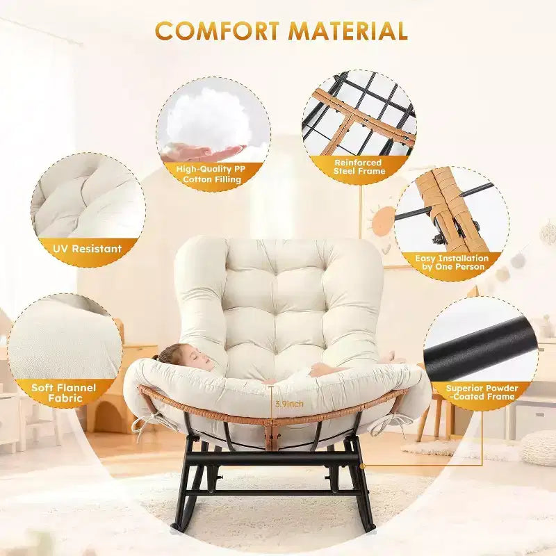 Canapé-fauteuil à bascule Papasan GustoWave confortable avec repose-pieds extensible pour porche, pelouse, chambre et salon