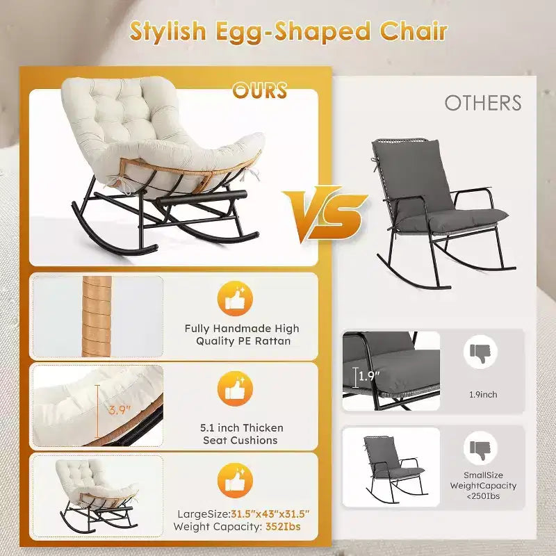Canapé-fauteuil à bascule Papasan GustoWave confortable avec repose-pieds extensible pour porche, pelouse, chambre et salon