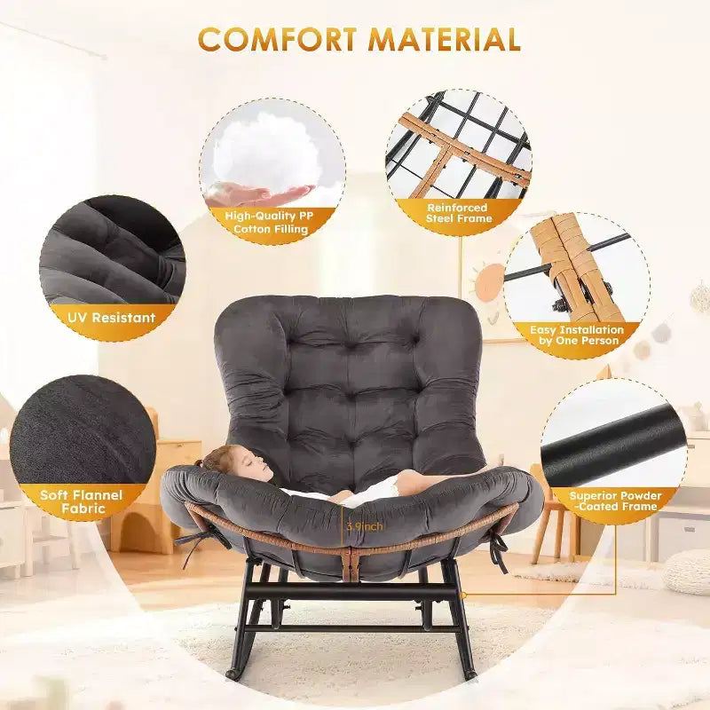 Canapé-fauteuil à bascule Papasan GustoWave confortable avec repose-pieds extensible pour porche, pelouse, chambre et salon