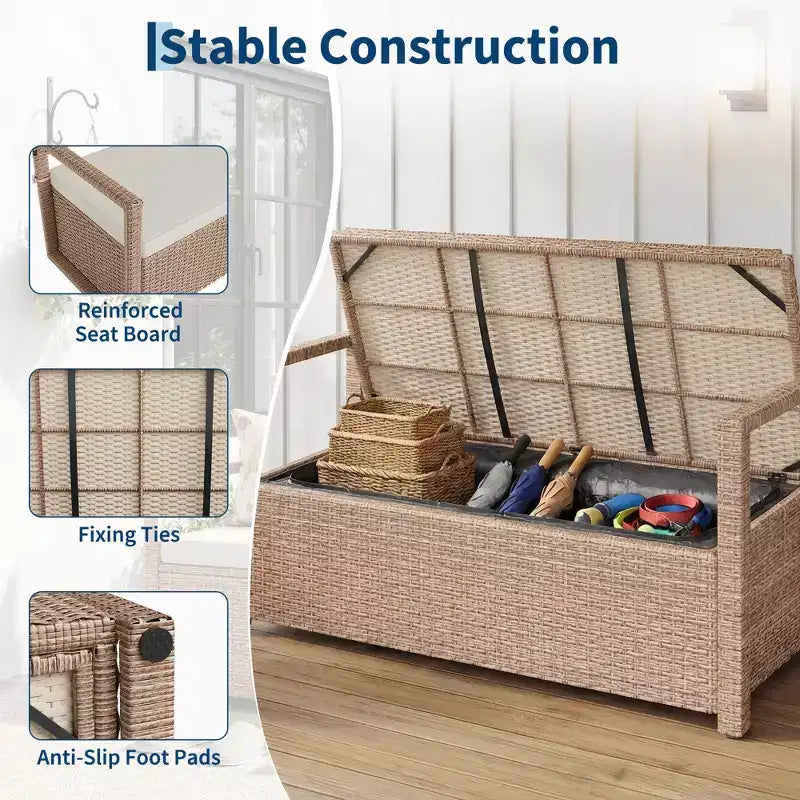 Banc de rangement extérieur avec coussin - Causeuse de patio en rotin PE tout temps 2 places - Coffre de rangement étanche en osier avec dossier et accoudoirs