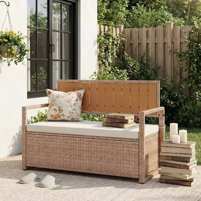 Banc de rangement extérieur avec coussin - Causeuse de patio en rotin PE tout temps 2 places - Coffre de rangement étanche en osier avec dossier et accoudoirs