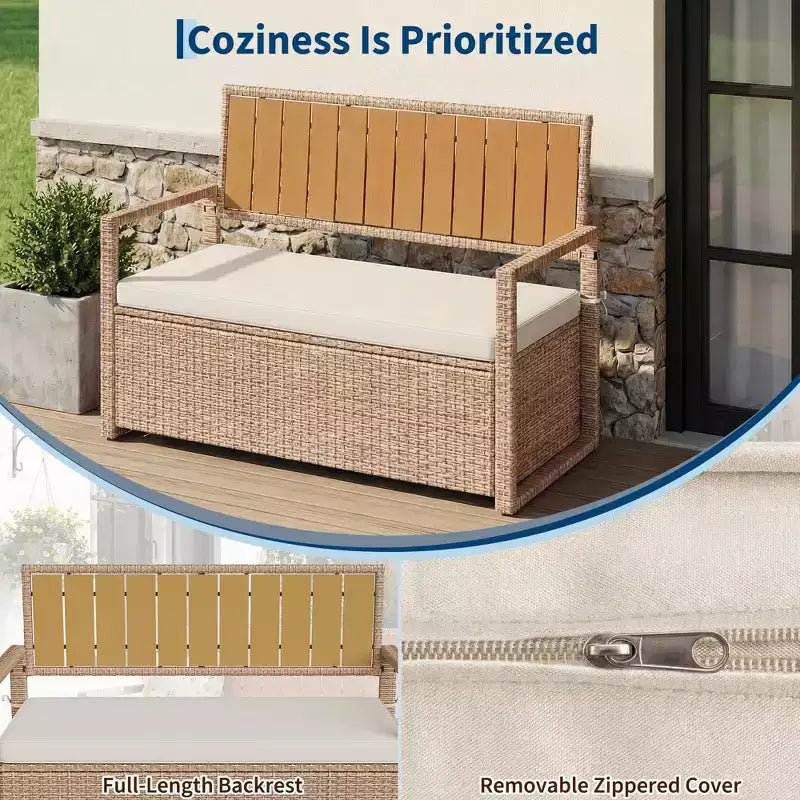 Banc de rangement extérieur avec coussin - Causeuse de patio en rotin PE tout temps 2 places - Coffre de rangement étanche en osier avec dossier et accoudoirs