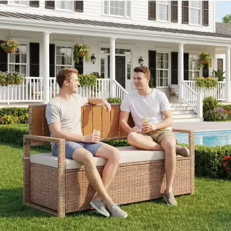 Banc de rangement extérieur avec coussin - Causeuse de patio en rotin PE tout temps 2 places - Coffre de rangement étanche en osier avec dossier et accoudoirs
