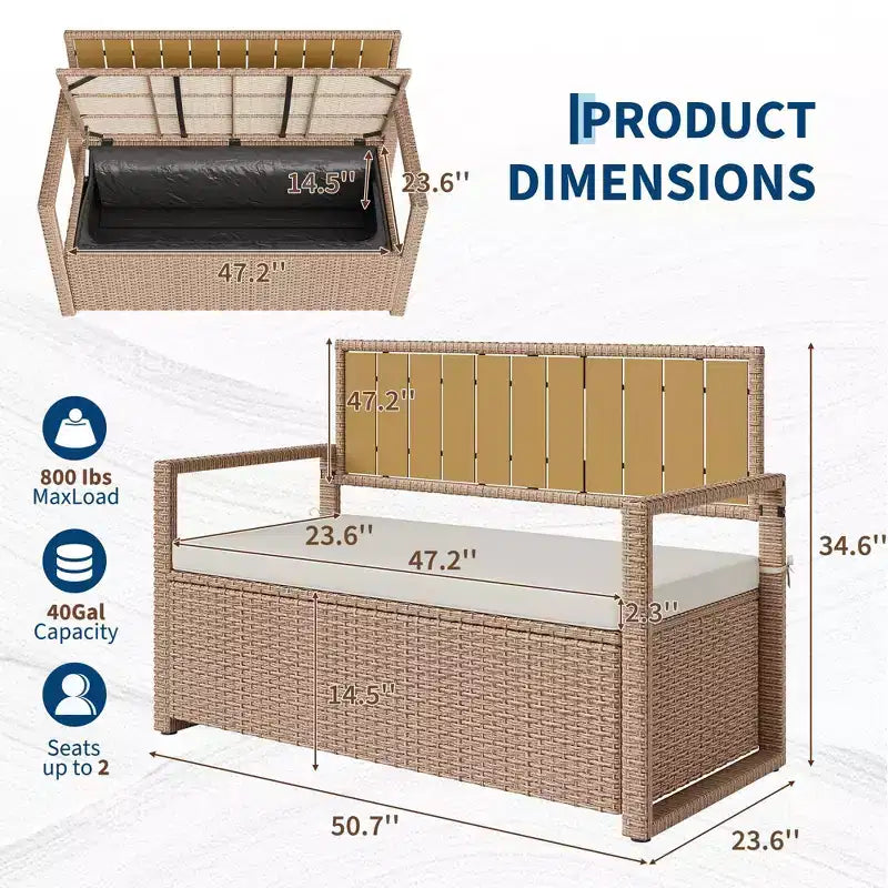 Banc de rangement extérieur avec coussin - Causeuse de patio en rotin PE tout temps 2 places - Coffre de rangement étanche en osier avec dossier et accoudoirs