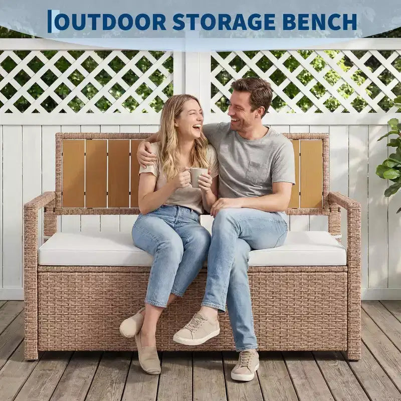 Banc de rangement extérieur avec coussin - Causeuse de patio en rotin PE tout temps 2 places - Coffre de rangement étanche en osier avec dossier et accoudoirs