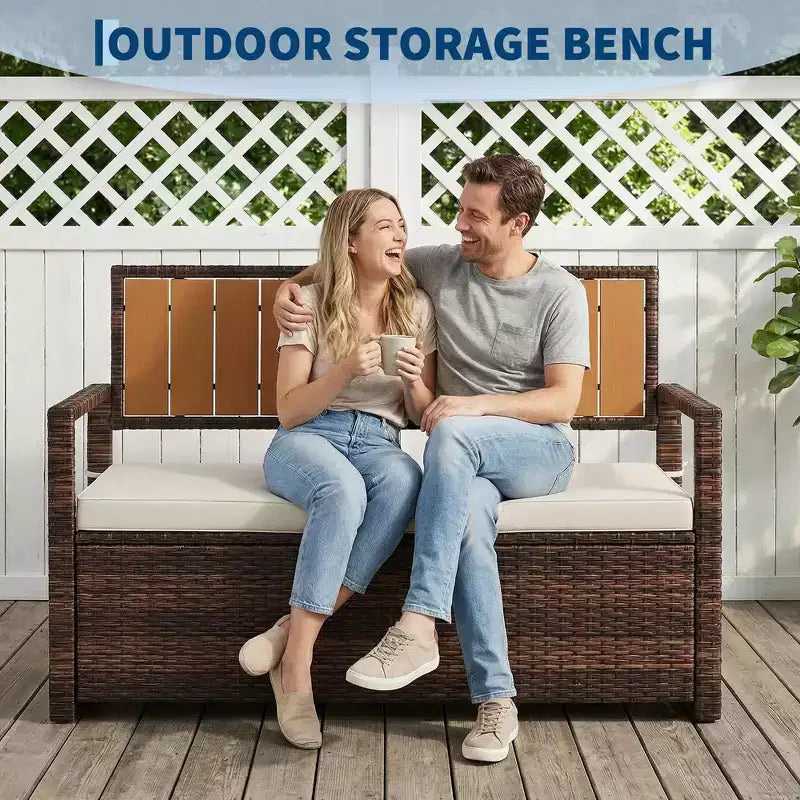 Banc de rangement extérieur avec coussin - Causeuse de patio en rotin PE tout temps 2 places - Coffre de rangement étanche en osier avec dossier et accoudoirs