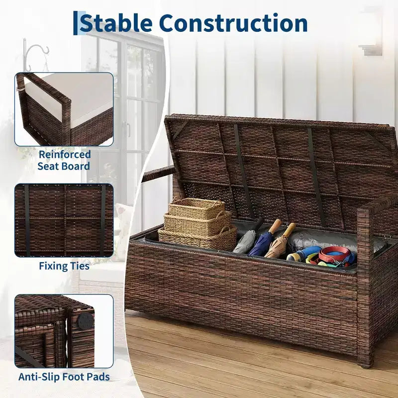 Banc de rangement extérieur avec coussin - Causeuse de patio en rotin PE tout temps 2 places - Coffre de rangement étanche en osier avec dossier et accoudoirs