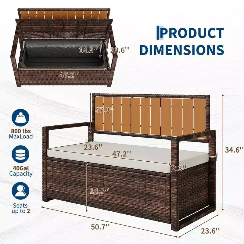 Banc de rangement extérieur avec coussin - Causeuse de patio en rotin PE tout temps 2 places - Coffre de rangement étanche en osier avec dossier et accoudoirs