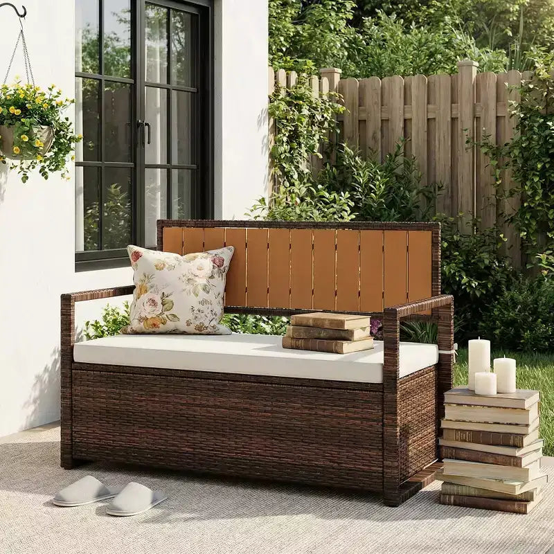 Banc de rangement extérieur avec coussin - Causeuse de patio en rotin PE tout temps 2 places - Coffre de rangement étanche en osier avec dossier et accoudoirs