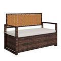 Outdoor Storage Bench with Cushion - 2-Person All-Weather PE Rattan Patio Loveseat - Waterproof Wicker Deck Box with Backrest & Armrests