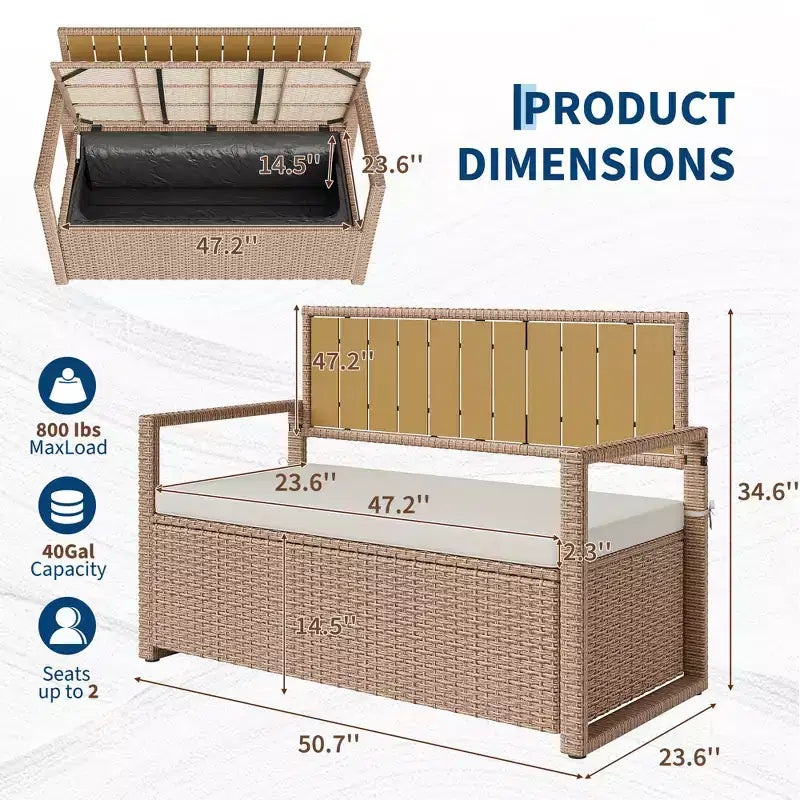 Banc de rangement extérieur avec coussin, coffre de rangement en rotin PE avec dossier et accoudoirs, banc résistant aux intempéries pour terrasse, jardin