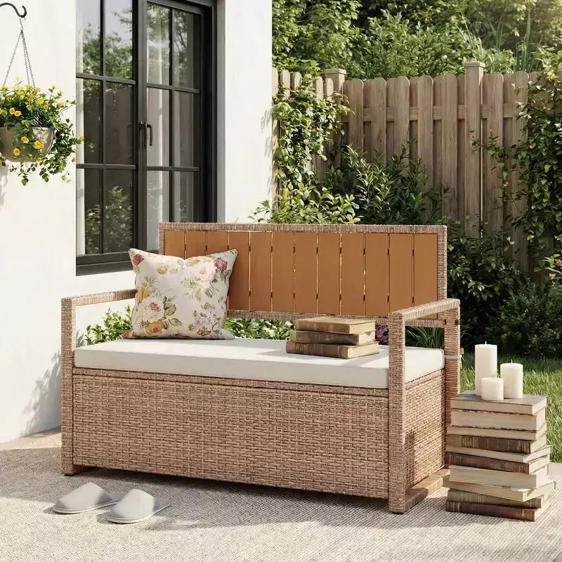 Banc de rangement extérieur avec coussin, coffre de rangement en rotin PE avec dossier et accoudoirs, banc résistant aux intempéries pour terrasse, jardin