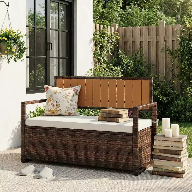 Banc de rangement extérieur avec coussin, coffre de rangement en rotin PE avec dossier et accoudoirs, banc résistant aux intempéries pour terrasse, jardin