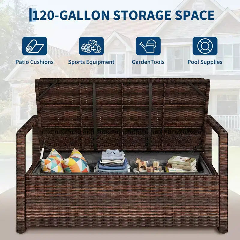 Banc de rangement extérieur avec coussin, coffre de rangement en rotin PE avec dossier et accoudoirs, banc résistant aux intempéries pour terrasse, jardin