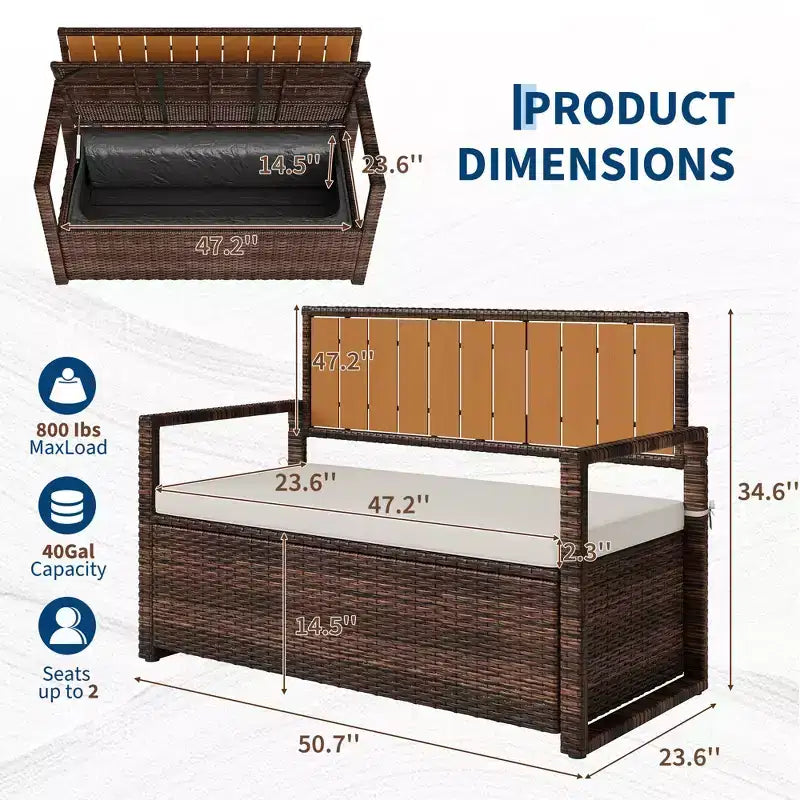 Banc de rangement extérieur avec coussin, coffre de rangement en rotin PE avec dossier et accoudoirs, banc résistant aux intempéries pour terrasse, jardin