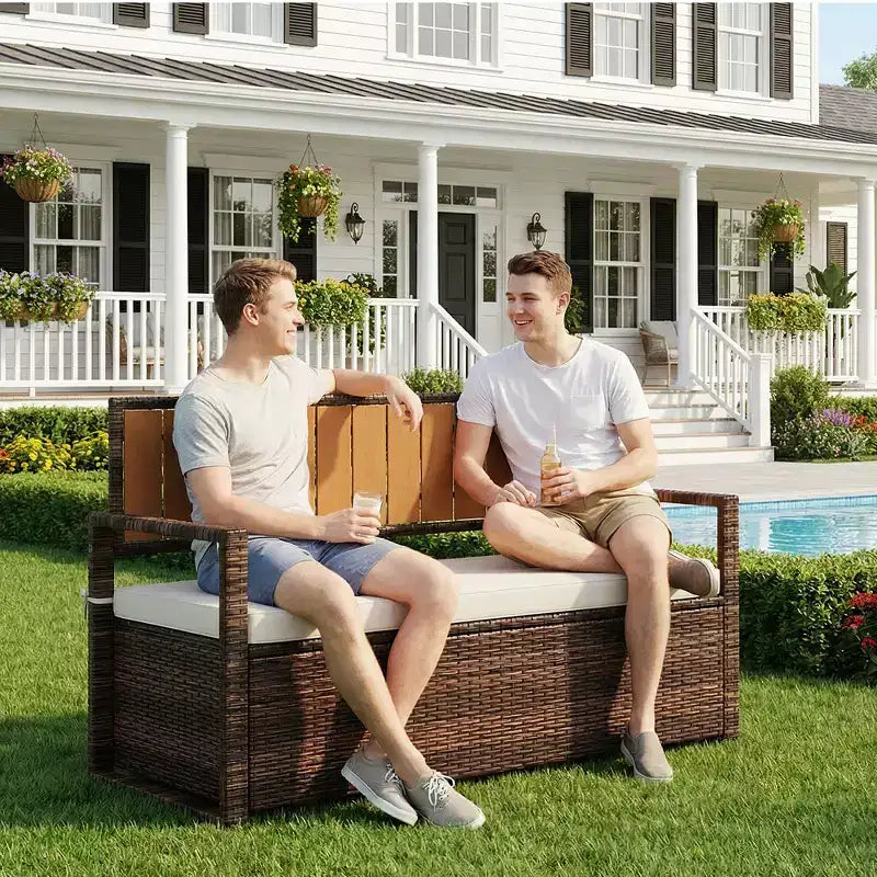 Banc de rangement extérieur avec coussin, coffre de rangement en rotin PE avec dossier et accoudoirs, banc résistant aux intempéries pour terrasse, jardin