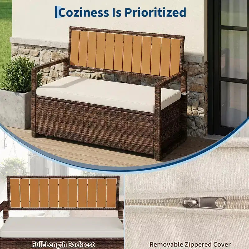 Banc de rangement extérieur avec coussin, coffre de rangement en rotin PE avec dossier et accoudoirs, banc résistant aux intempéries pour terrasse, jardin