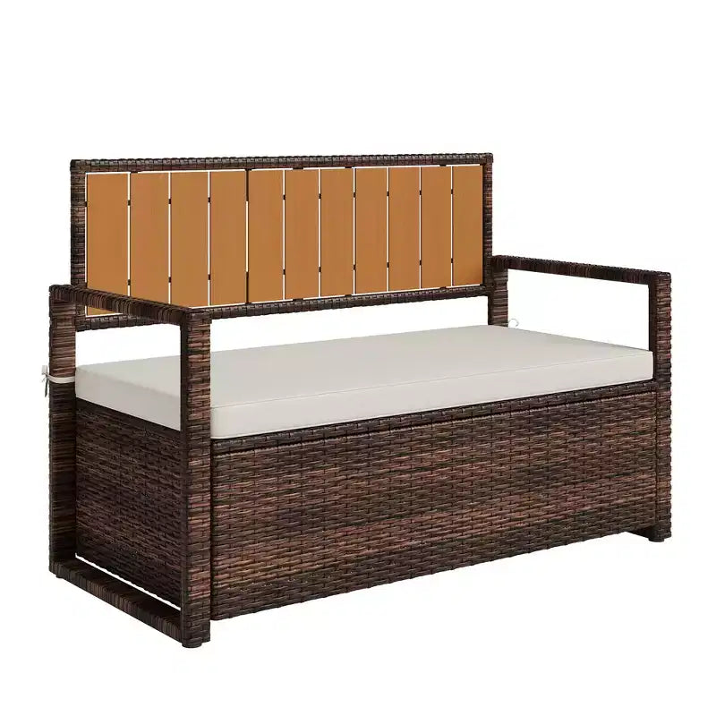 Outdoor Storage Bench with Cushion, PE Rattan Storage Box with Backrest & Armrests, Weatherproof Bench for Patio, Backyard