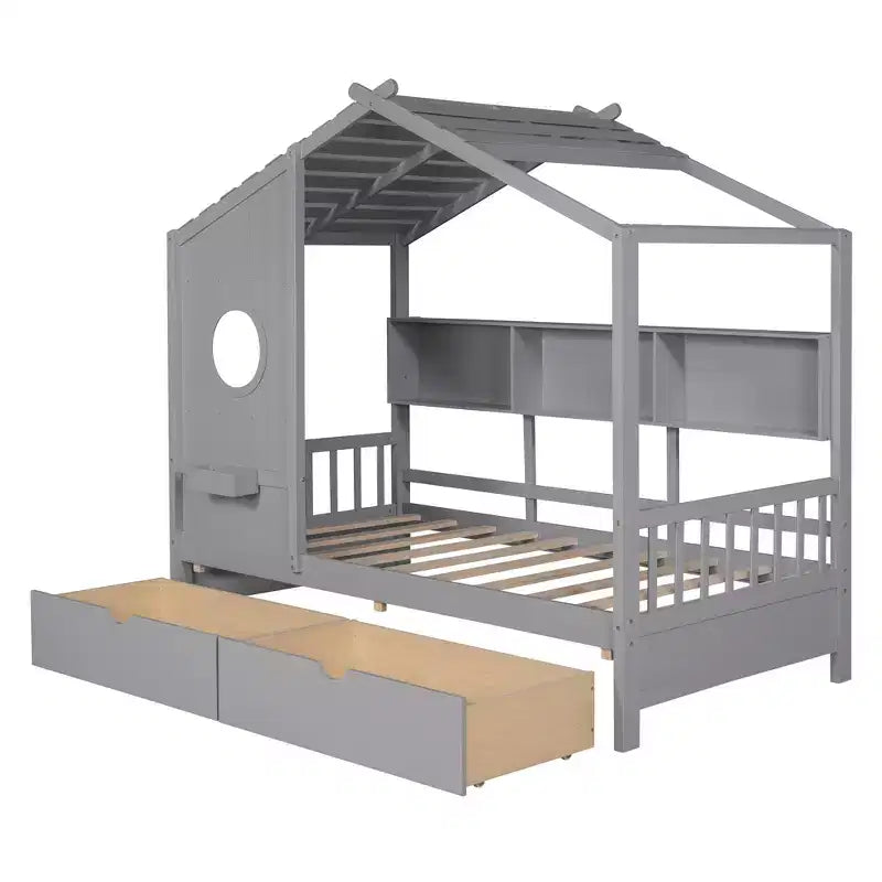 Lit cabane en bois double/complet avec 2 tiroirs, lit pour enfants avec étagère de rangement - ModernLuxe