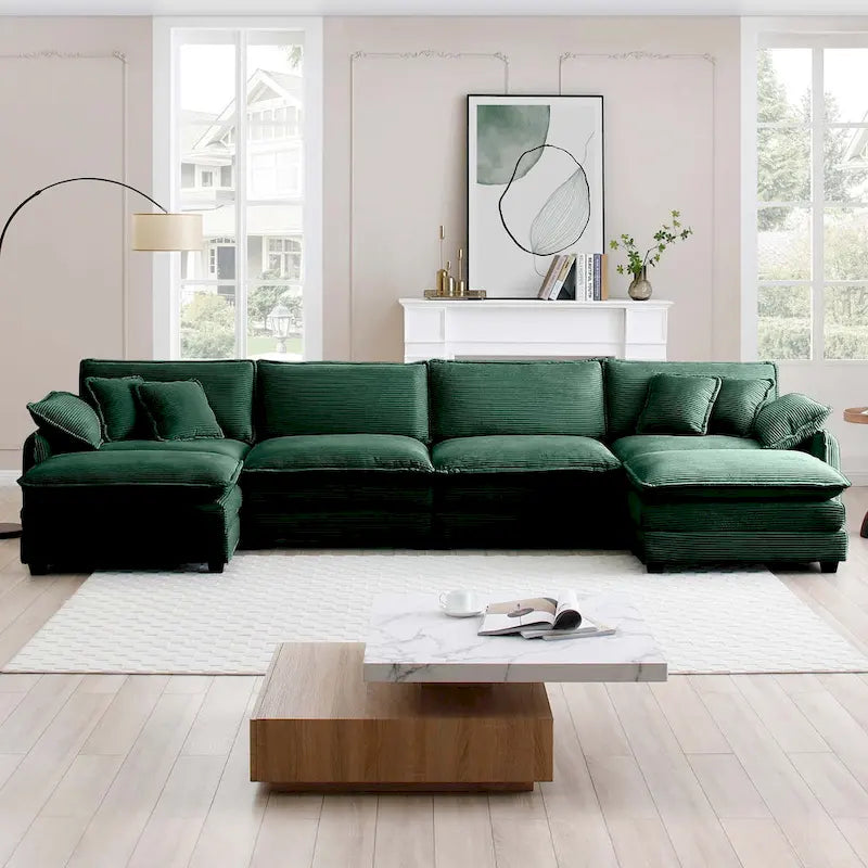 Canapé modulaire sectionnel en velours côtelé surdimensionné vert 6 pièces en forme de U avec 2 poufs amovibles et combinaison libre