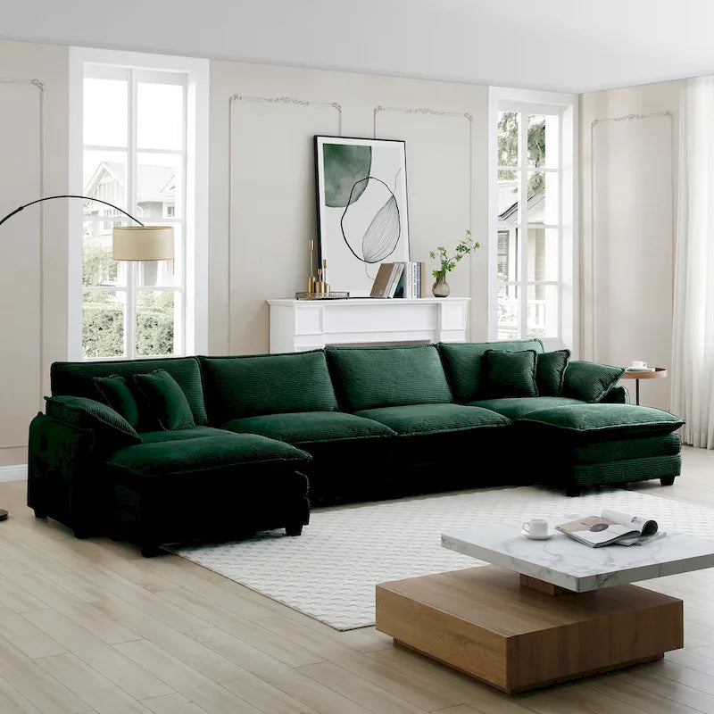 Canapé modulaire sectionnel en velours côtelé surdimensionné vert 6 pièces en forme de U avec 2 poufs amovibles et combinaison libre