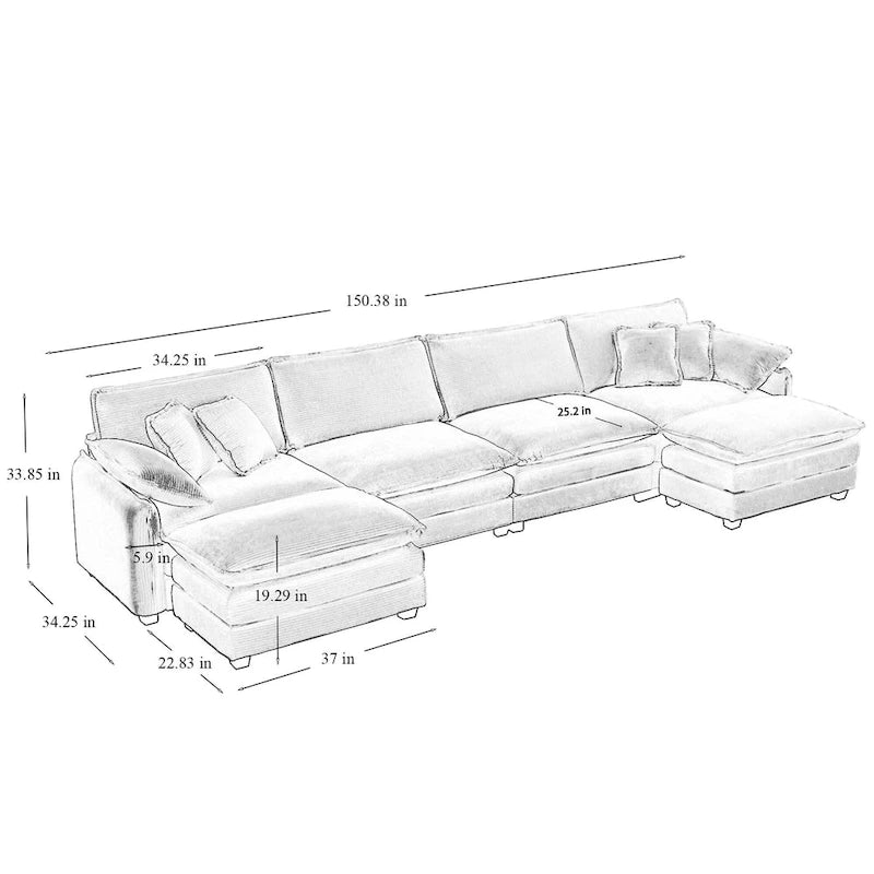 Canapé modulaire sectionnel en velours côtelé surdimensionné vert 6 pièces en forme de U avec 2 poufs amovibles et combinaison libre