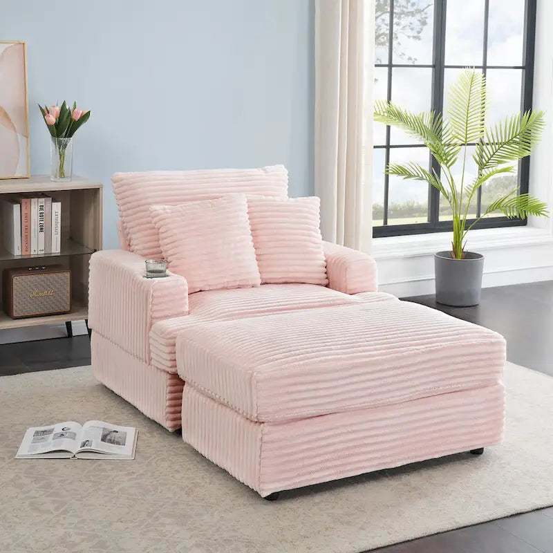 Fauteuil simple en velours côtelé rose 39.37 avec ottoman et porte-gobelet