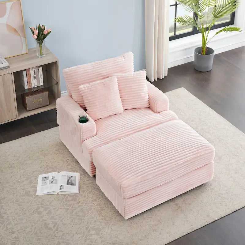 Fauteuil simple en velours côtelé rose 39.37 avec ottoman et porte-gobelet