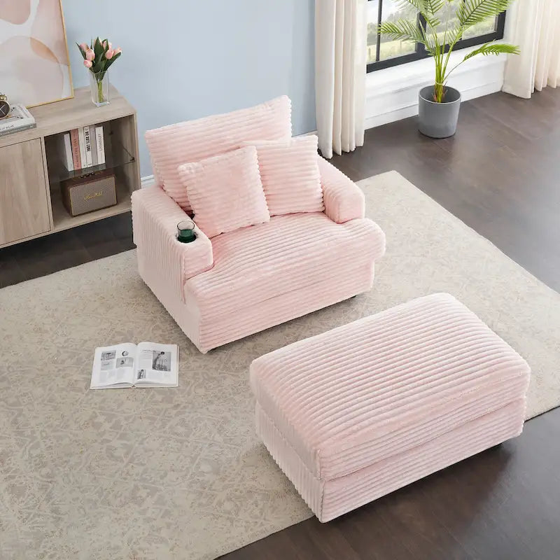 Fauteuil simple en velours côtelé rose 39.37 avec ottoman et porte-gobelet