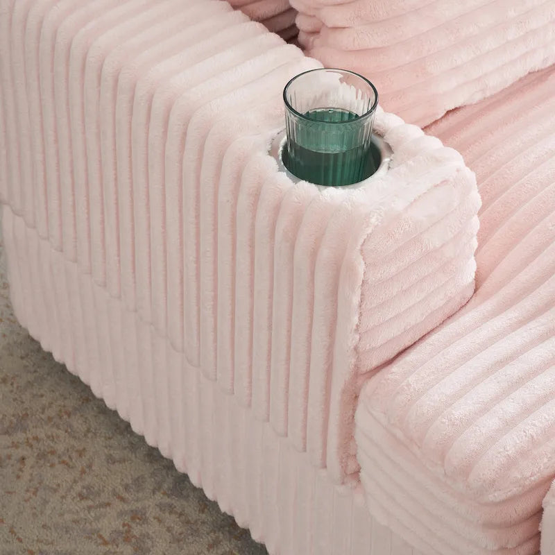 Fauteuil simple en velours côtelé rose 39.37 avec ottoman et porte-gobelet