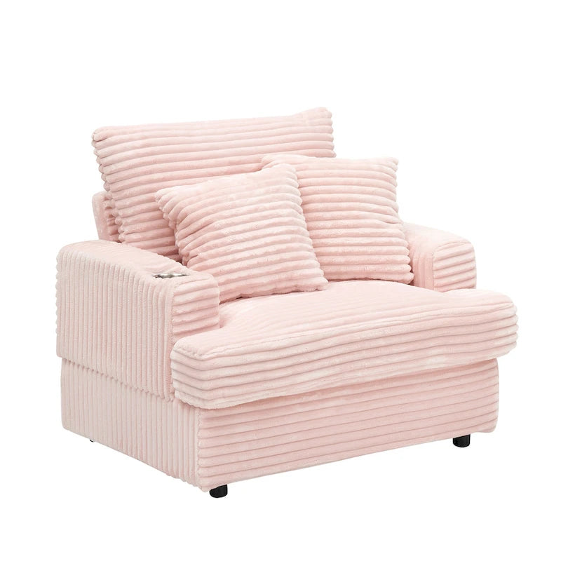 Fauteuil simple en velours côtelé rose 39.37 avec ottoman et porte-gobelet