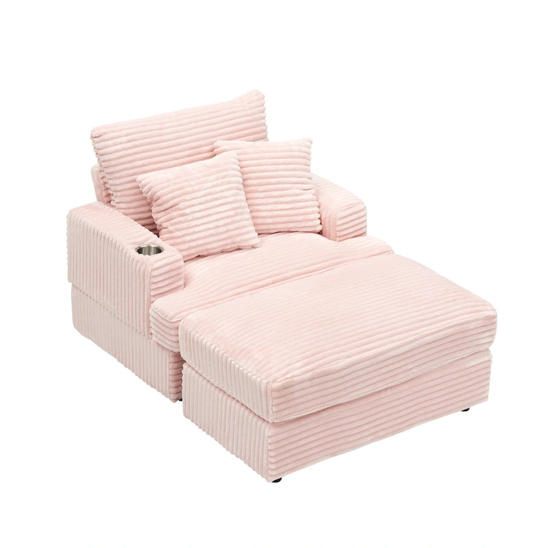 Fauteuil simple en velours côtelé rose 39.37 avec ottoman et porte-gobelet