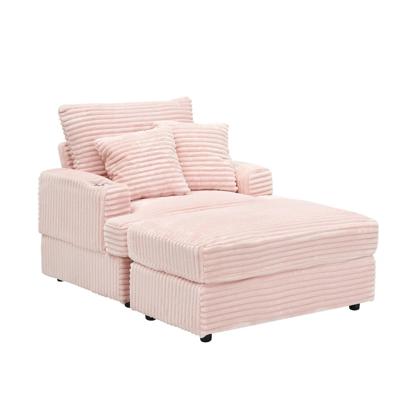 Fauteuil simple en velours côtelé rose 39.37 avec ottoman et porte-gobelet