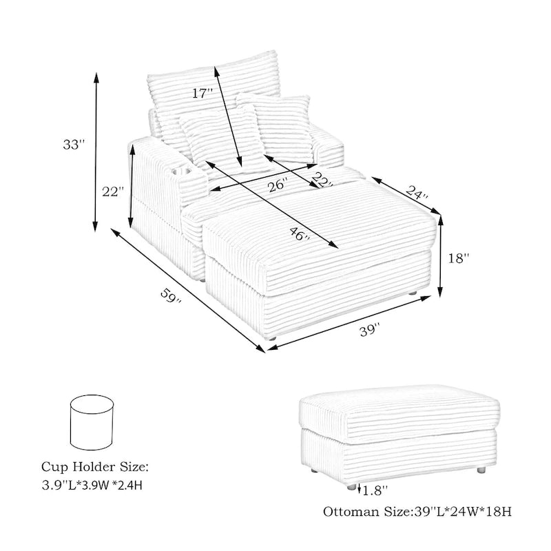Fauteuil simple en velours côtelé rose 39.37 avec ottoman et porte-gobelet