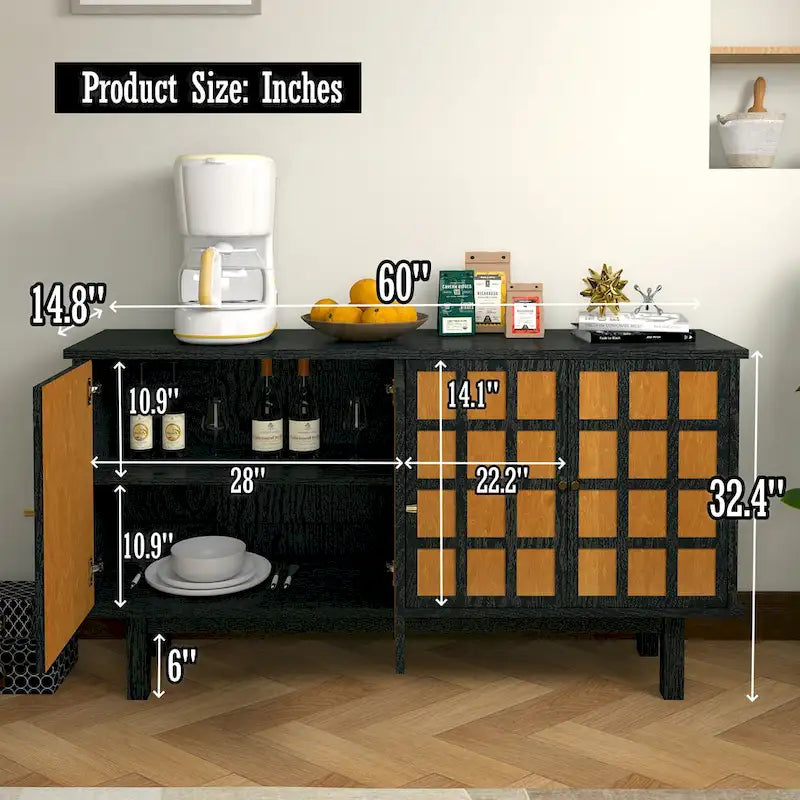 Meuble TV noir de 60 po avec rangement et étagères ajustables pour téléviseurs de 65 po