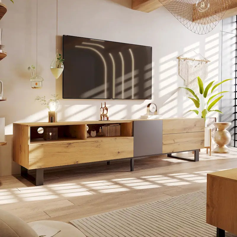 Meuble TV Wood+Grey 70,9 avec rangement et porte abattante pour TV jusqu'à 80