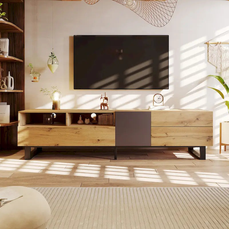 Meuble TV Wood+Grey 70,9 avec rangement et porte abattante pour TV jusqu'à 80