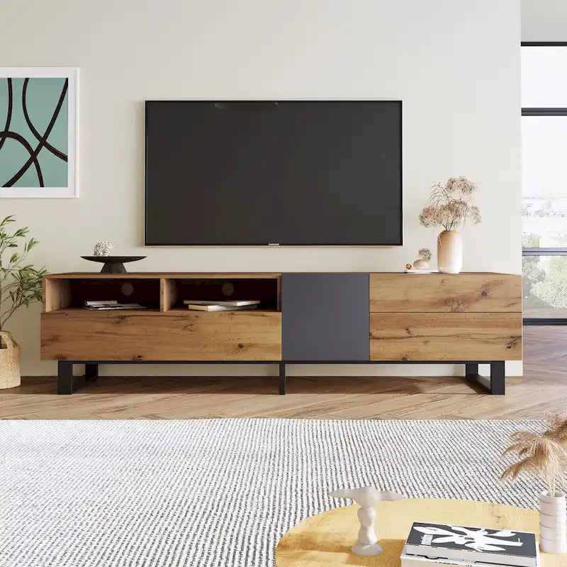 Meuble TV Wood+Grey 70,9 avec rangement et porte abattante pour TV jusqu'à 80