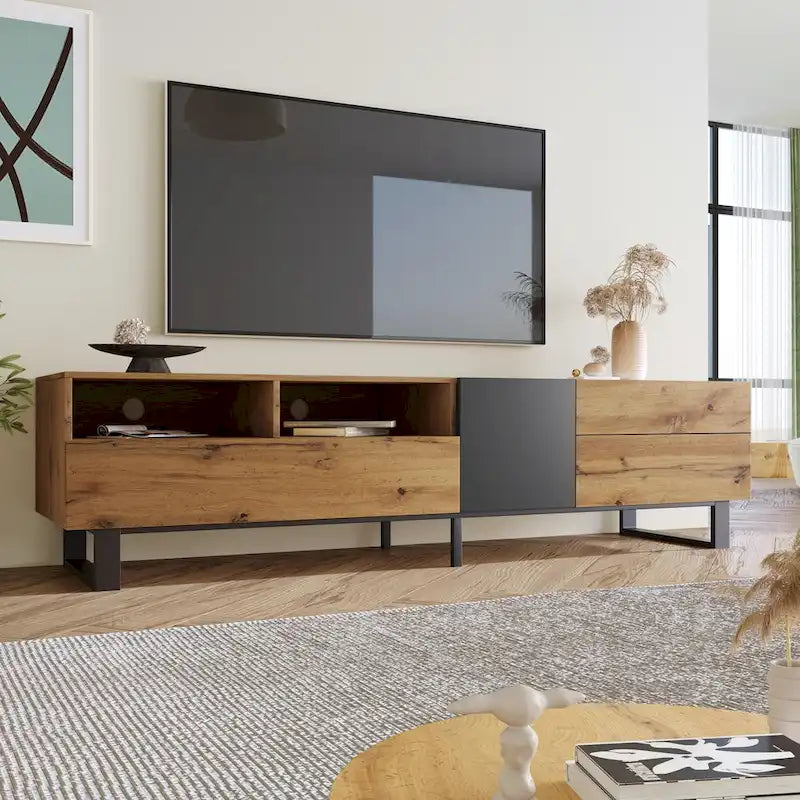 Meuble TV Wood+Grey 70,9 avec rangement et porte abattante pour TV jusqu'à 80