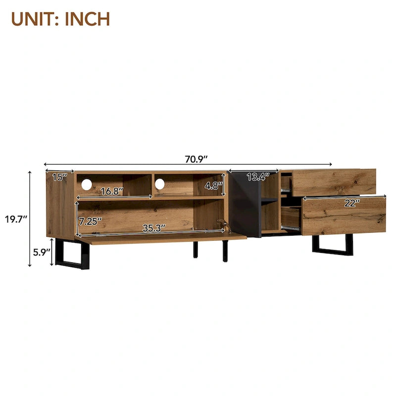 Meuble TV Wood+Grey 70,9 avec rangement et porte abattante pour TV jusqu'à 80