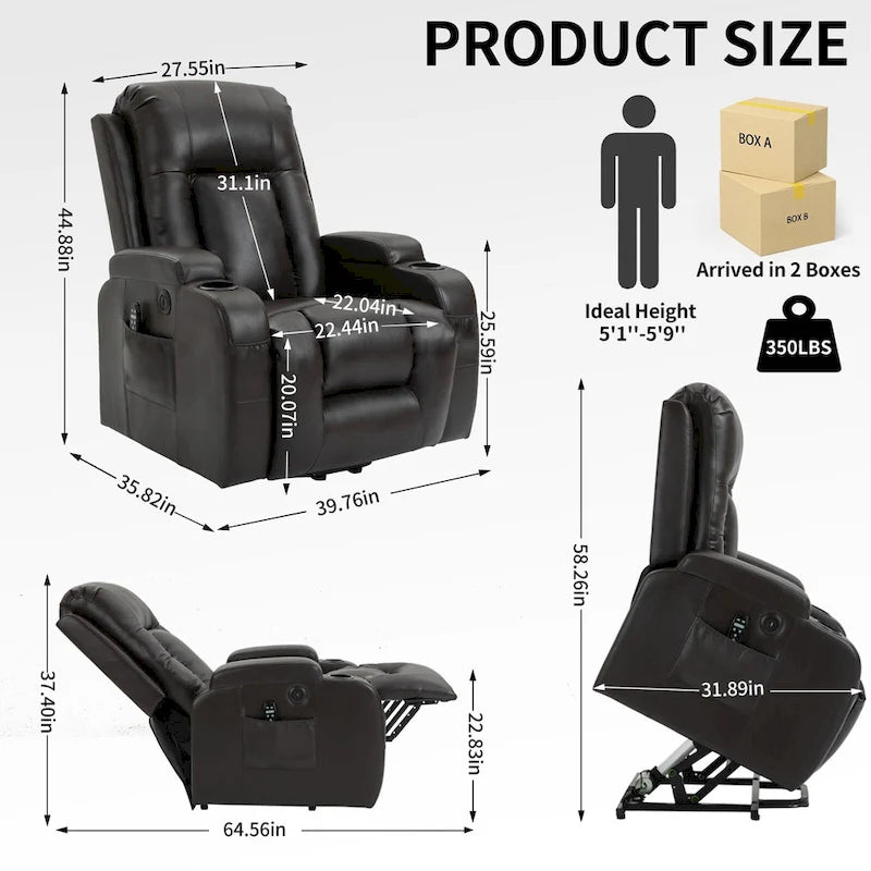 Fauteuil releveur électrique à position infinie pour personnes âgées, avec massage vibrant 8 points et chauffage lombaire, port de chargement USB