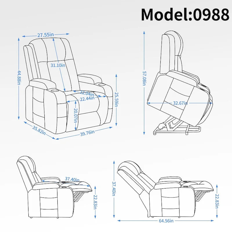 Fauteuil releveur électrique à position infinie pour personnes âgées, avec massage vibrant 8 points et chauffage lombaire, port de chargement USB